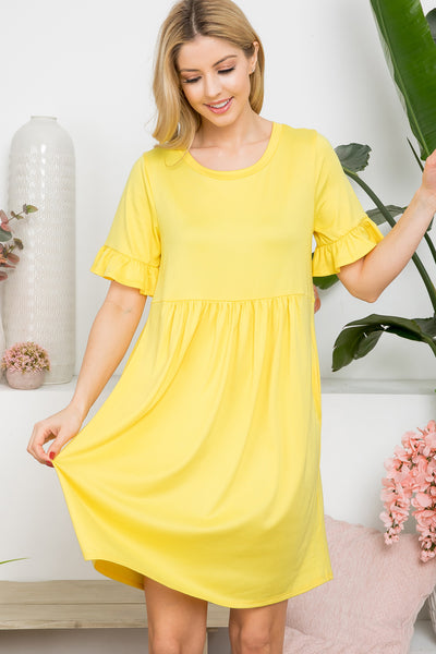YMD10029-SOLID RUFFLE SHORT SLEEVE ABOVE KNEE DRESS 0-1-2-2