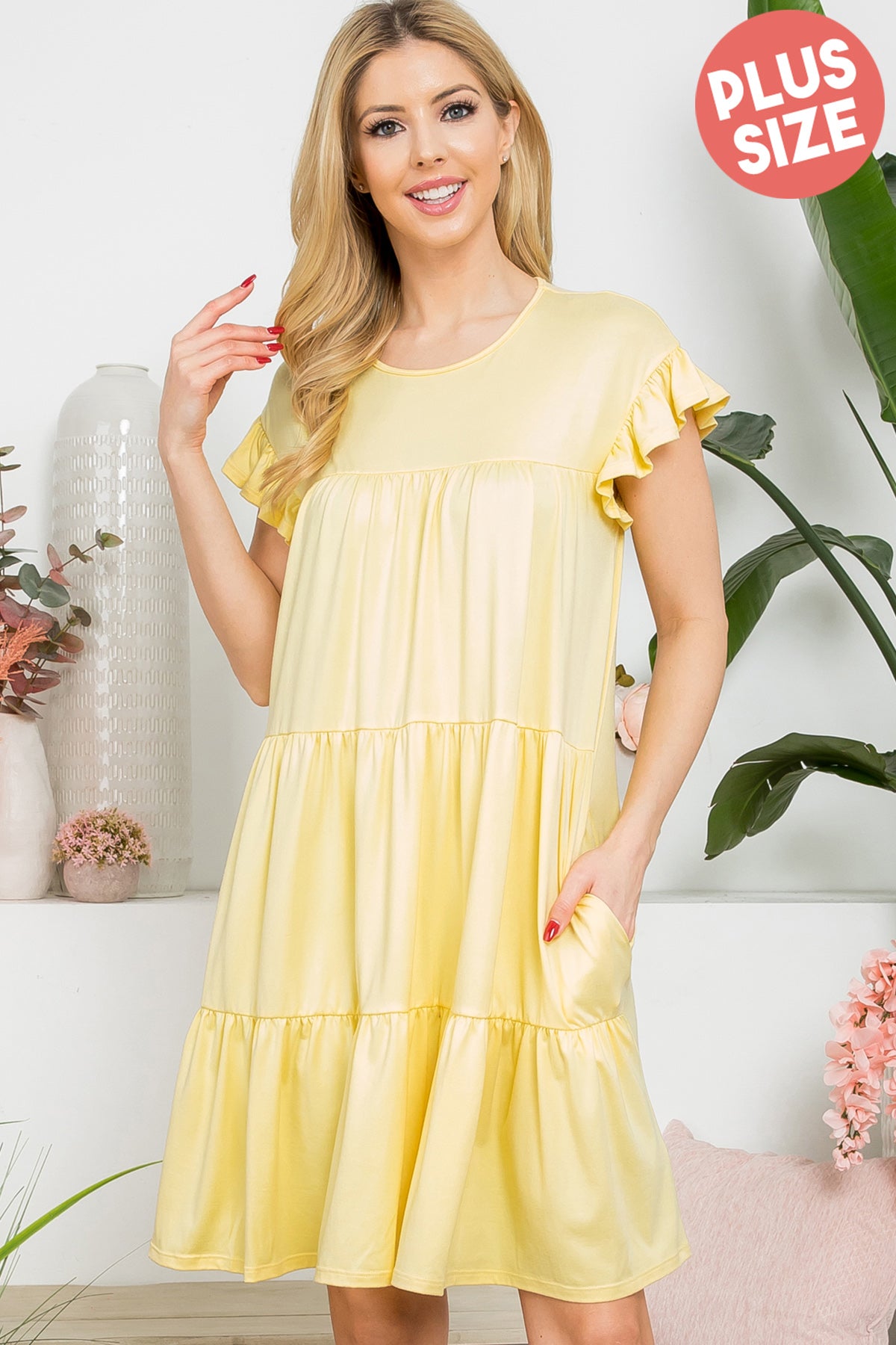 YMD10034XV- PLUS SIZE RUFFLE SHORT CAP SLEEVE TIERED DRESS 2-2-1