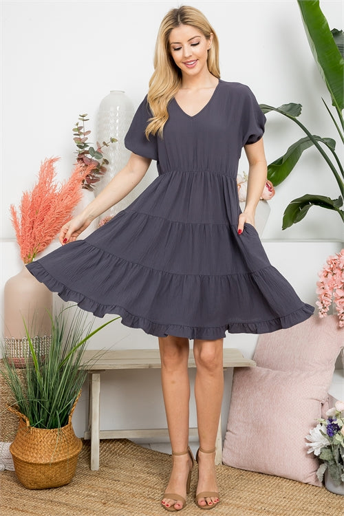 YMD10038V-SHORT PUFF SLEEVE V-NECK TIERED DRESS 1-2-2-2