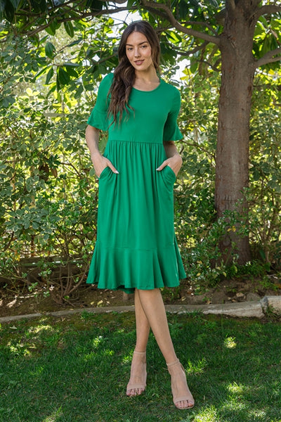 YMD10040V-FLOUNCE HALF SLEEVE CINCH WAIST RUFFLE HEM SOLID DRESS 1-2-2-1