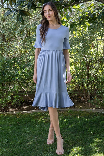 YMD10040V-FLOUNCE HALF SLEEVE CINCH WAIST RUFFLE HEM SOLID DRESS 1-2-2-1