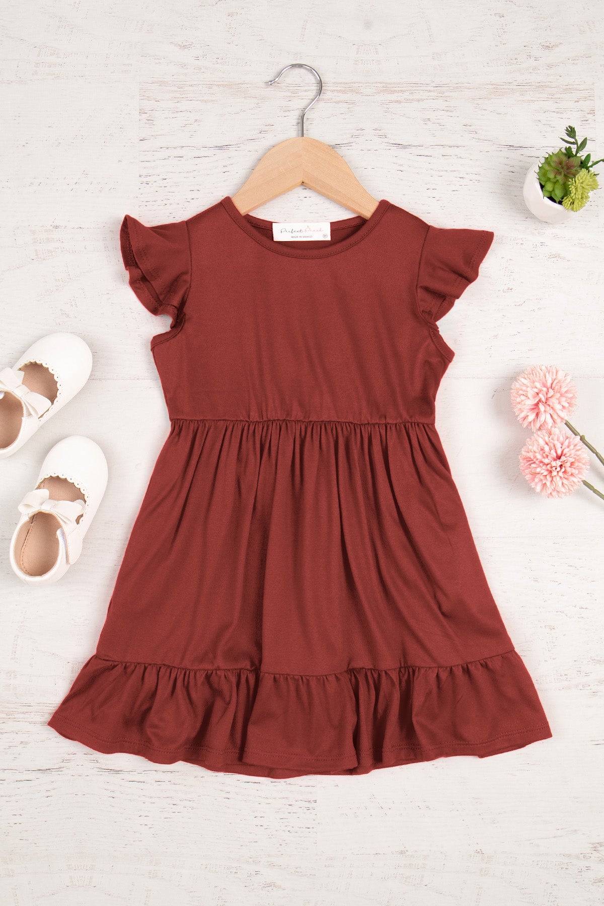 YMD10043TK-KIDS RUFFLE SLEEVED EMPIRE WAIST SHIRRING DRESS 1-1-0-1-1-0-0-0