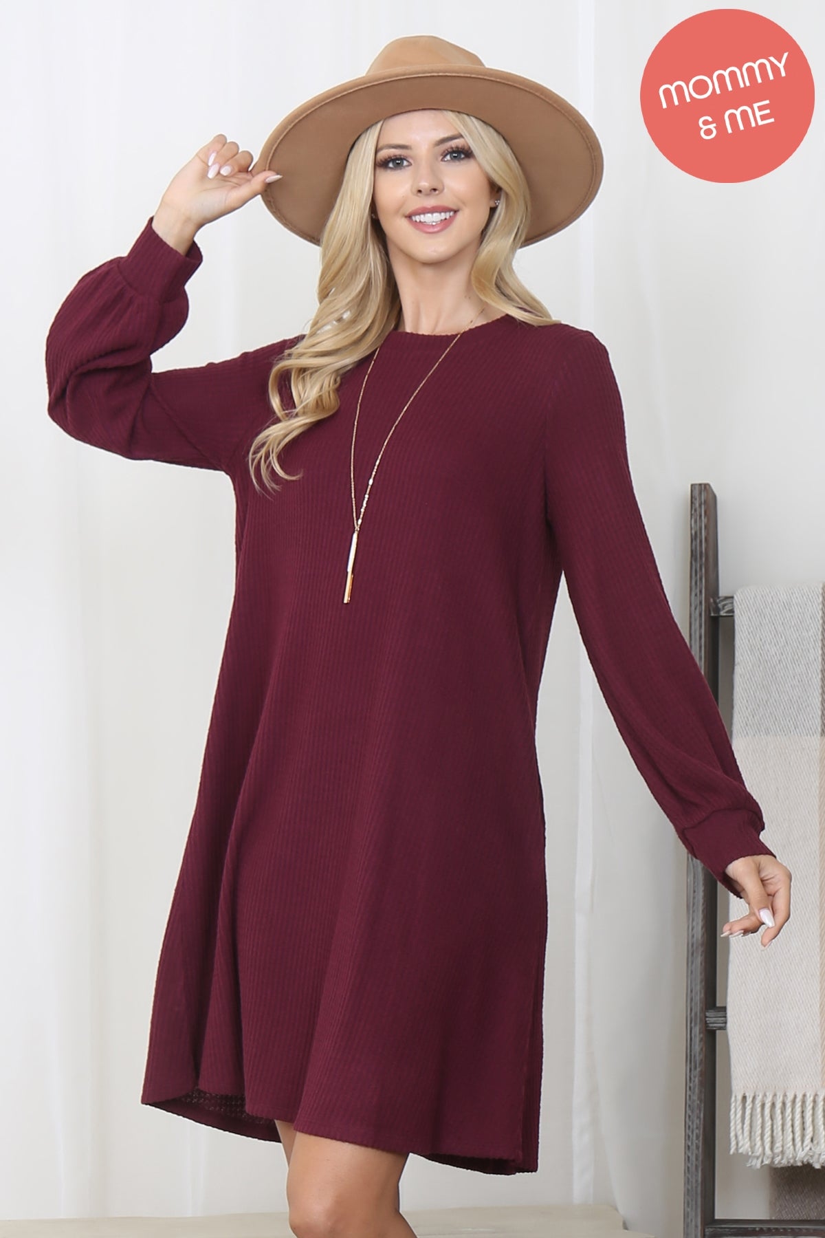 BRUSHED WAFFLE BUBBLE SLEEVE POCKET DRESS 1-1-1-1