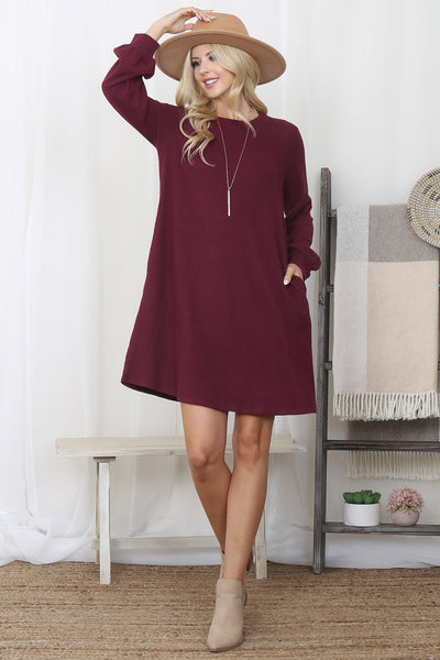 BRUSHED WAFFLE BUBBLE SLEEVE POCKET DRESS 1-1-1-1