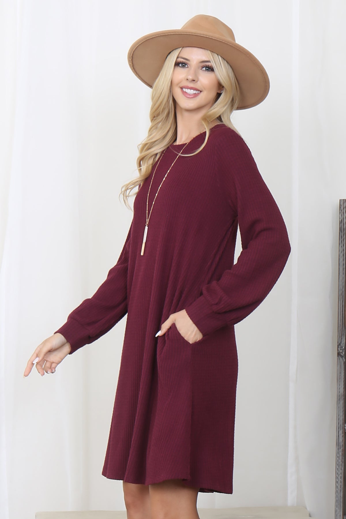 BRUSHED WAFFLE BUBBLE SLEEVE POCKET DRESS 1-1-1-1