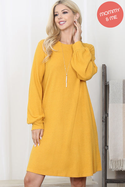 BRUSHED WAFFLE BUBBLE SLEEVE POCKET DRESS 1-1-1-1