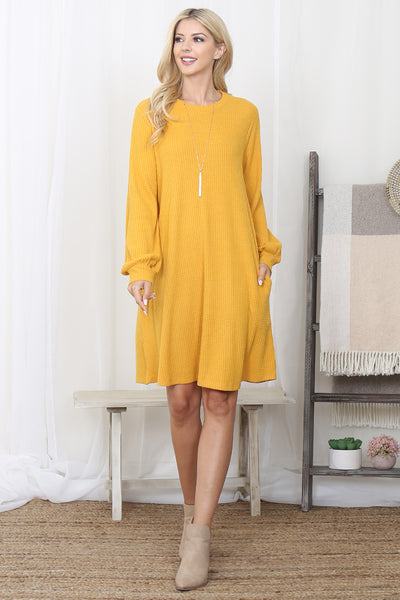 PLUS SIZE BRUSHED WAFFLE BUBBLE SLEEVE POCKET DRESS 3-2-1