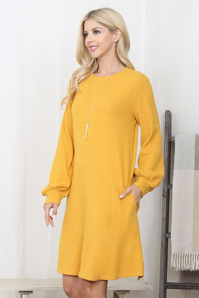 BRUSHED WAFFLE BUBBLE SLEEVE POCKET DRESS 1-1-1-1