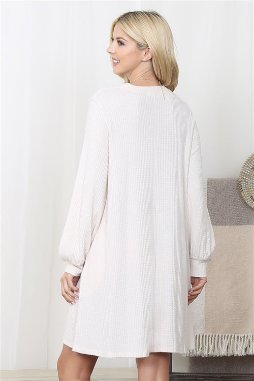 YMD10051V-BRUSHED WAFFLE BUBBLE SLEEVE POCKET DRESS 1-0-0-1