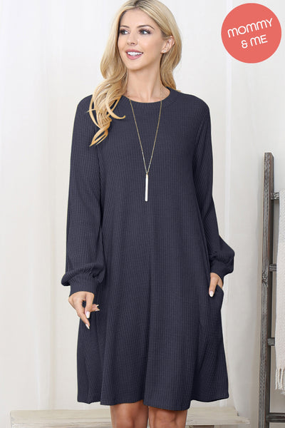 BRUSHED WAFFLE BUBBLE SLEEVE POCKET DRESS 1-1-1-1