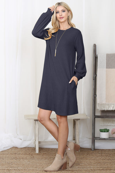 BRUSHED WAFFLE BUBBLE SLEEVE POCKET DRESS 1-1-1-1