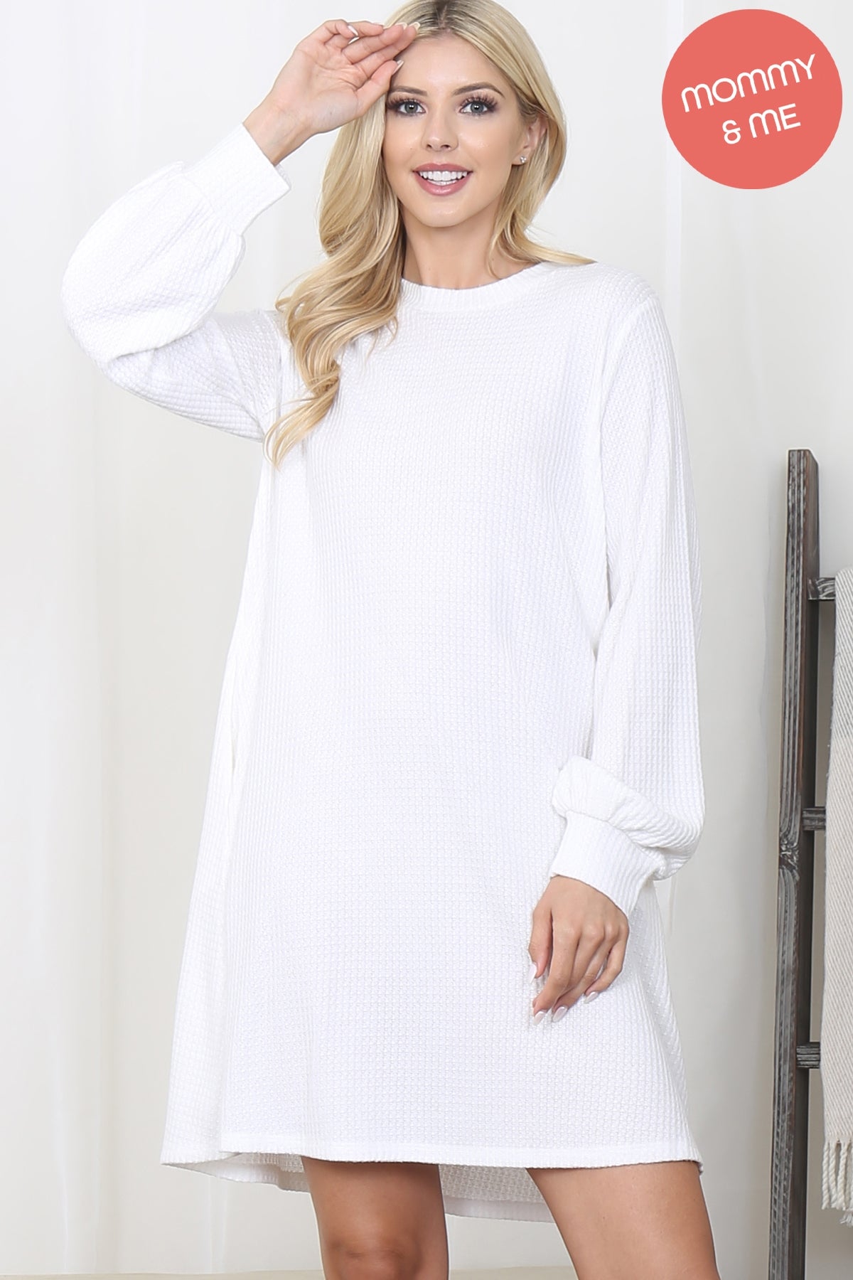 BRUSHED WAFFLE BUBBLE SLEEVE POCKET DRESS 1-1-1-1