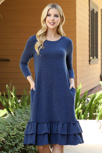 PLUS SIZE SOLID KNIT RUFFLE HEM POCKET DRESS 3-2-1