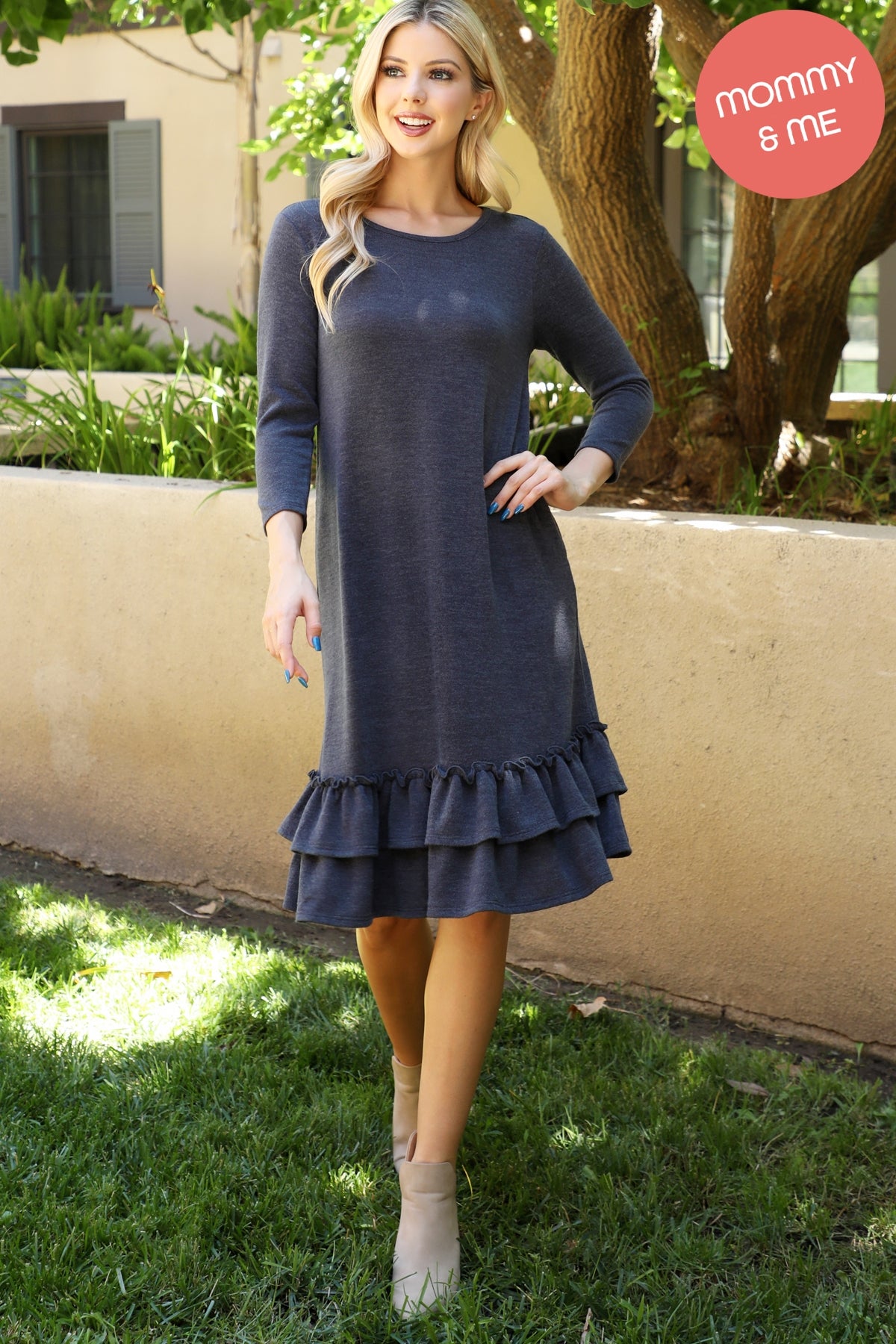 SOLID KNIT RUFFLE HEM POCKET DRESS 1-1-1-1