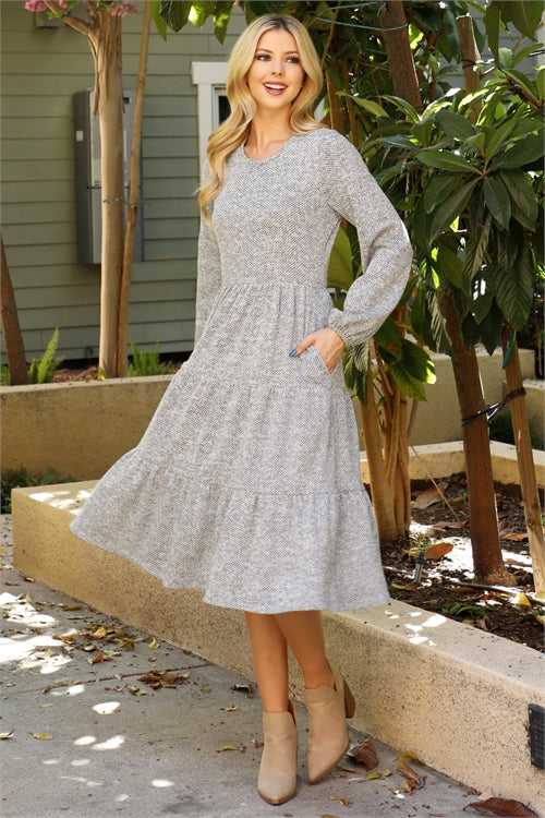 YMD10055V-LONG PUFF SLEEVE ELASTIC WAIST JACQUARD KNIT TIERED DRESS 1-2-2-1