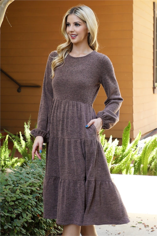 YMD10055V-LONG PUFF SLEEVE ELASTIC WAIST JACQUARD KNIT TIERED DRESS 1-2-2-1