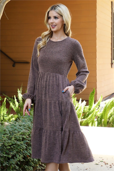 YMD10055V-LONG PUFF SLEEVE ELASTIC WAIST JACQUARD KNIT TIERED DRESS 1-2-2-1
