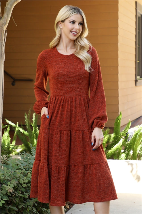 YMD10055V-LONG PUFF SLEEVE ELASTIC WAIST JACQUARD KNIT TIERED DRESS 1-2-2-1