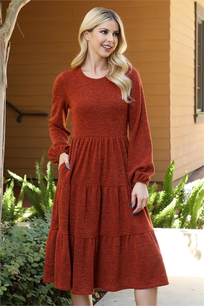 YMD10055V-LONG PUFF SLEEVE ELASTIC WAIST JACQUARD KNIT TIERED DRESS 1-2-2-1
