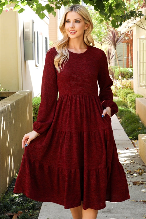 YMD10055V-LONG PUFF SLEEVE ELASTIC WAIST JACQUARD KNIT TIERED DRESS 1-2-2-1