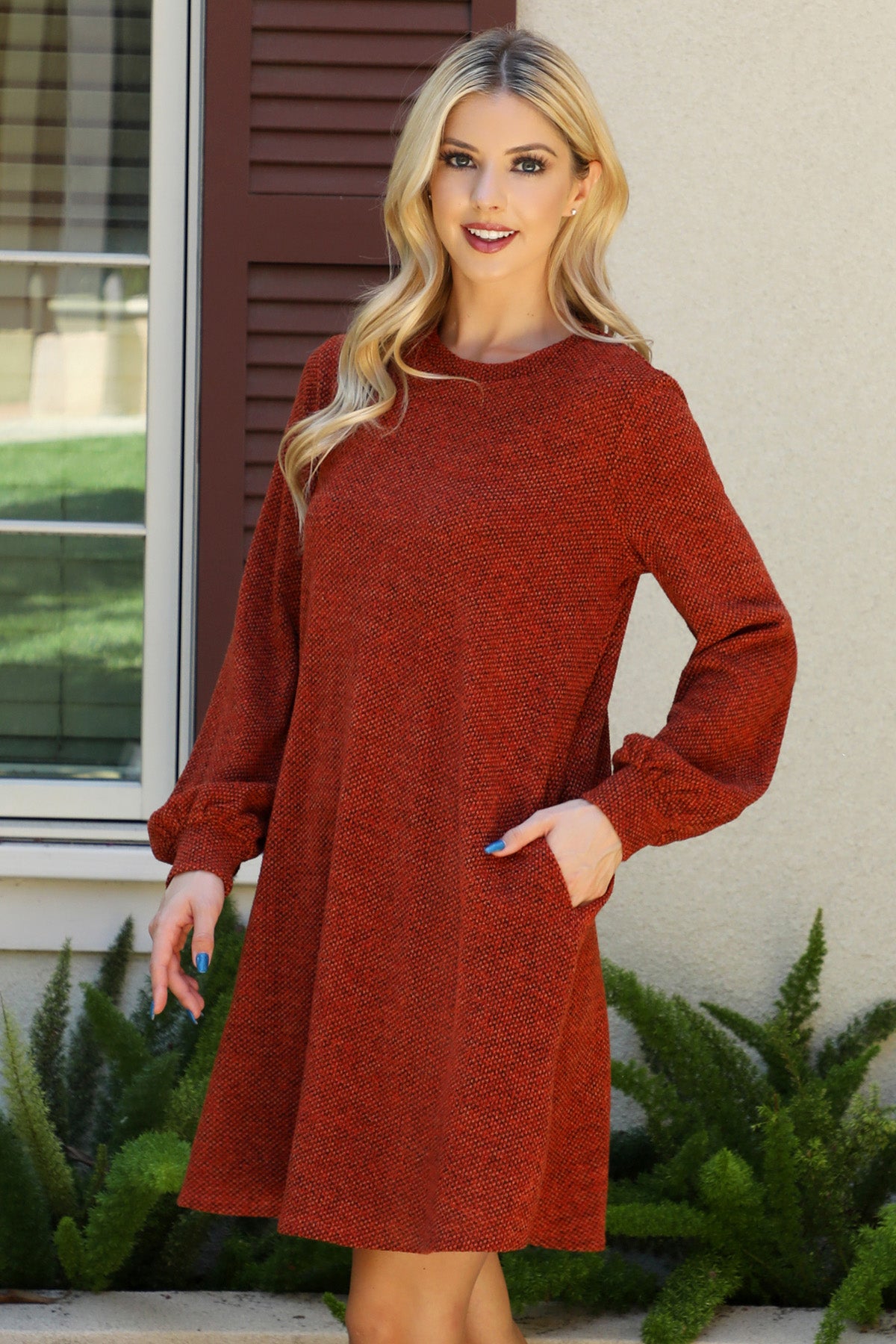YMD10056V-LONG PUFF SLEEVE JACQUARD KNIT DRESS 1-2-2-0