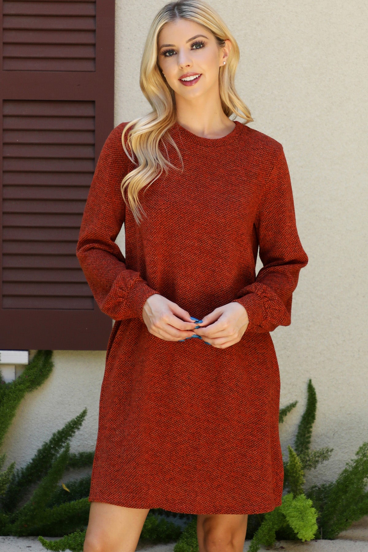 YMD10056V-LONG PUFF SLEEVE JACQUARD KNIT DRESS 1-2-2-0