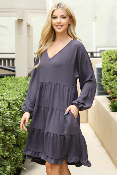 WOVEN PUFF SLEEVE V-NECK ELASTIC WAIST TIERED DRESS 1-1-1-1