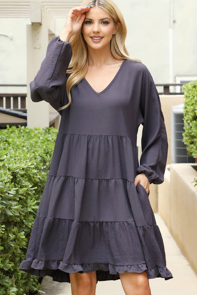 WOVEN PUFF SLEEVE V-NECK ELASTIC WAIST TIERED DRESS 1-1-1-1