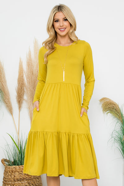 SOLID LONG SLEEVE TIERED POCKET DRESS 1-1-1-1