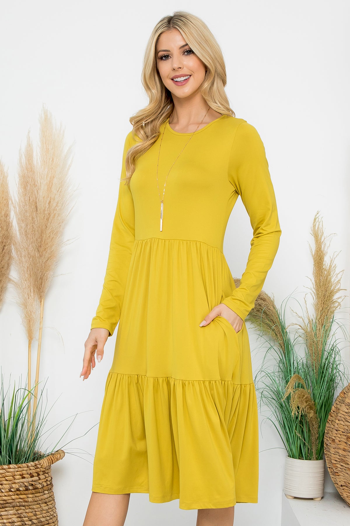 SOLID LONG SLEEVE TIERED POCKET DRESS 1-1-1-1