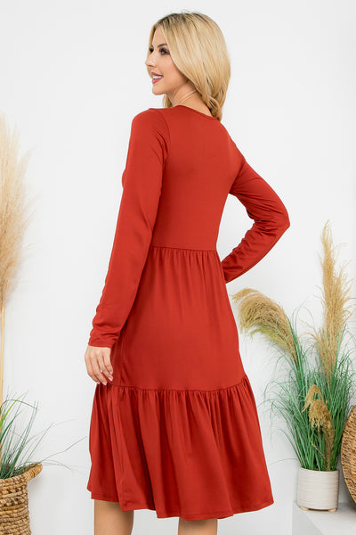 SOLID LONG SLEEVE TIERED POCKET DRESS 1-1-1-1