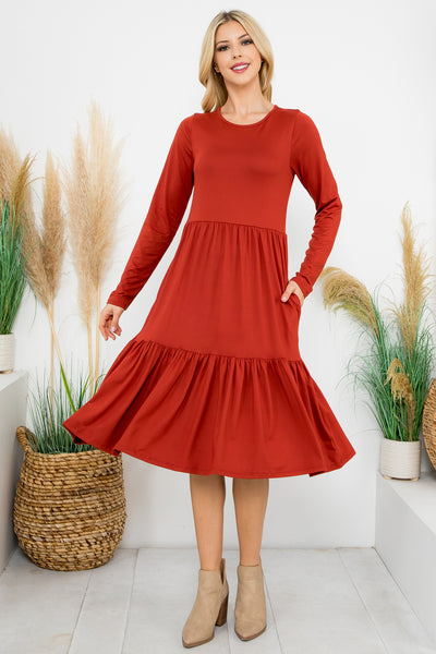 SOLID LONG SLEEVE TIERED POCKET DRESS 1-1-1-1