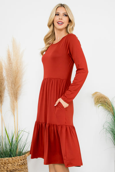 SOLID LONG SLEEVE TIERED POCKET DRESS 1-1-1-1