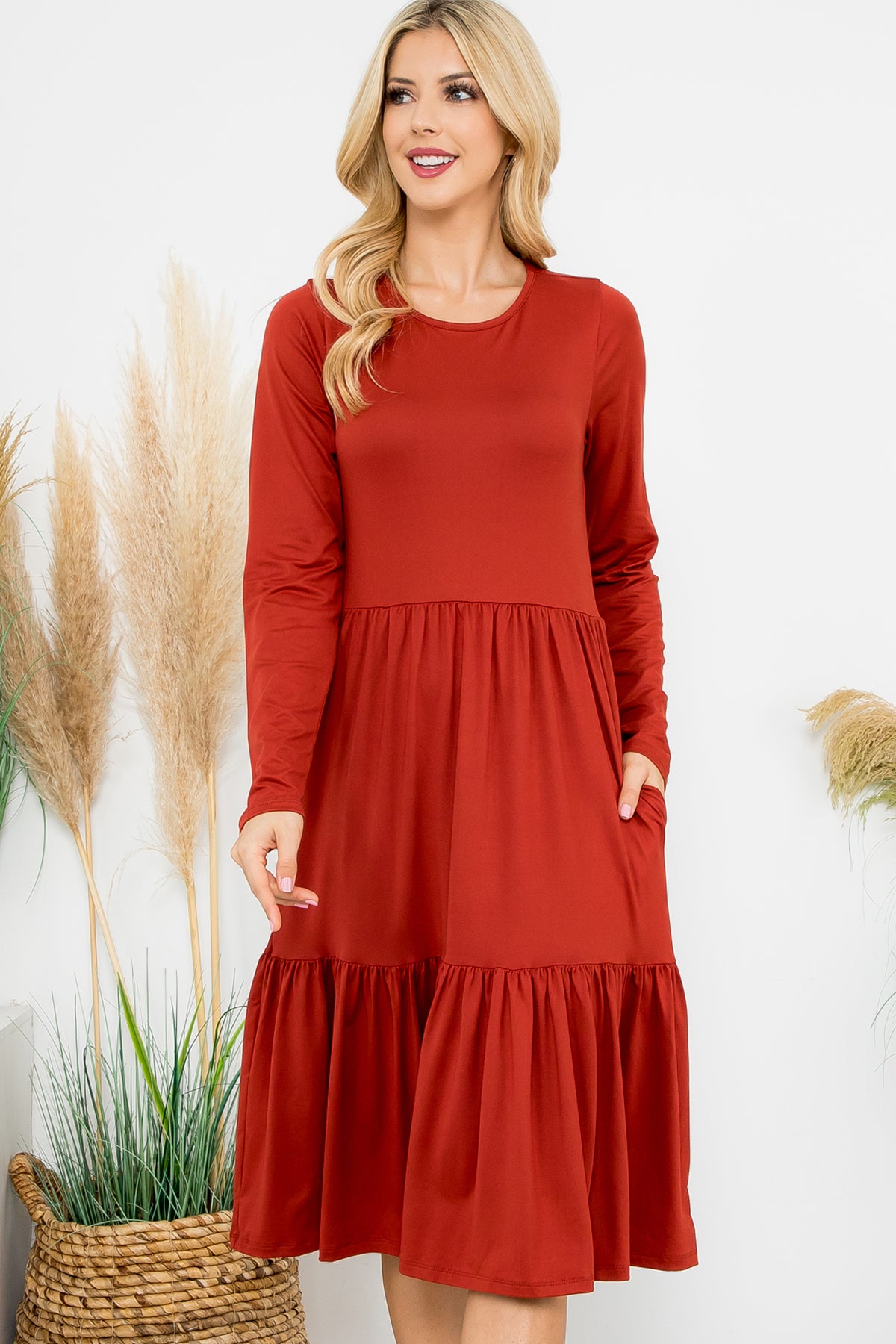 SOLID LONG SLEEVE TIERED POCKET DRESS 1-1-1-1