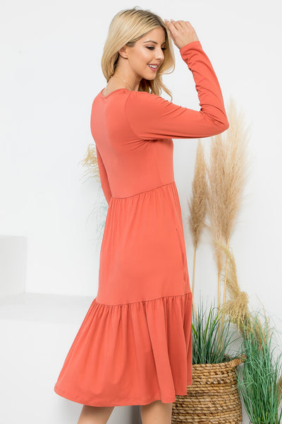 SOLID LONG SLEEVE TIERED POCKET DRESS 1-1-1-1