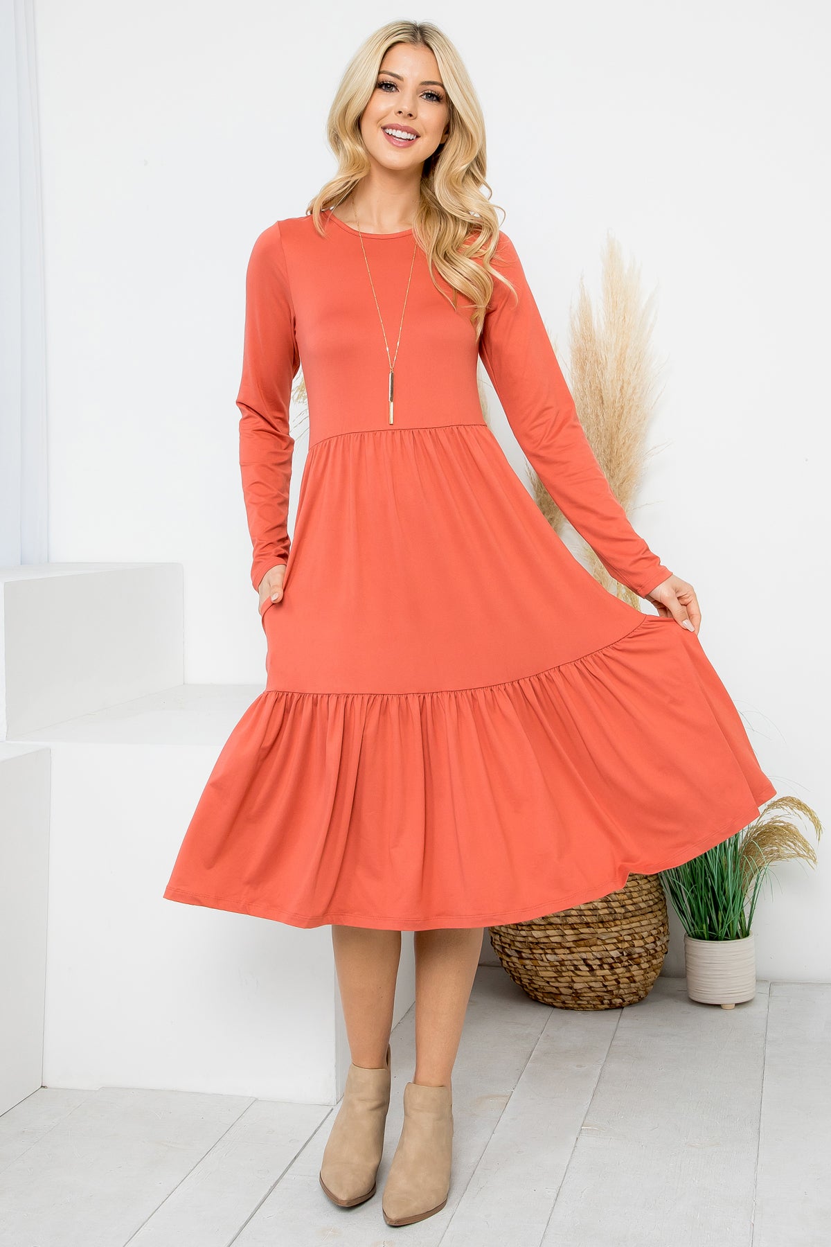 SOLID LONG SLEEVE TIERED POCKET DRESS 1-1-1-1