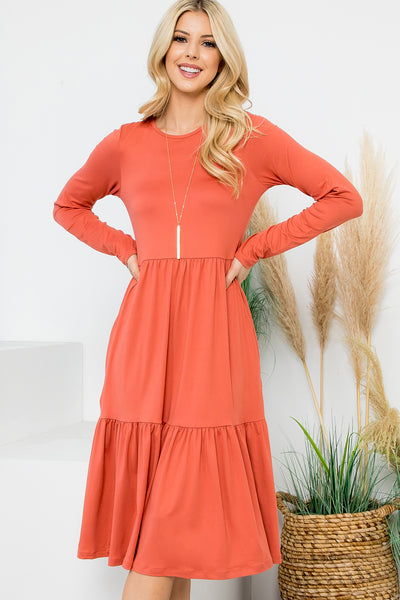 SOLID LONG SLEEVE TIERED POCKET DRESS 1-1-1-1