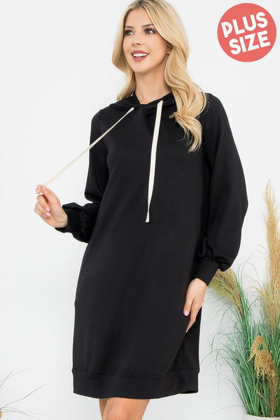 PLUS SIZE FRENCH TERRY LONG PUFF SLEEVE HOODIE DRESS 3-2-1