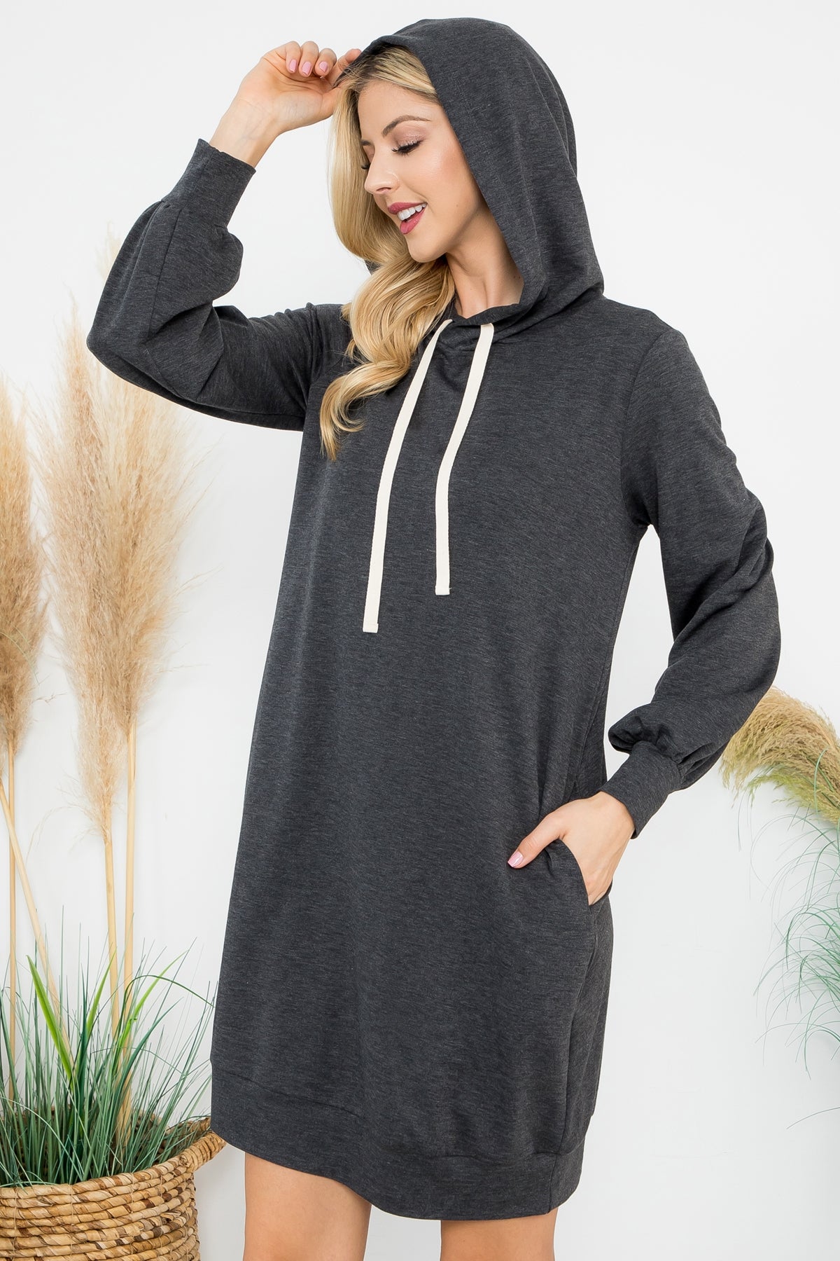 PLUS SIZE FRENCH TERRY LONG PUFF SLEEVE HOODIE DRESS 3-2-1