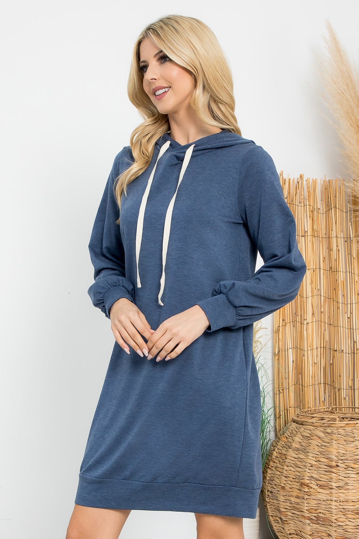 PLUS SIZE FRENCH TERRY LONG PUFF SLEEVE HOODIE DRESS 3-2-1