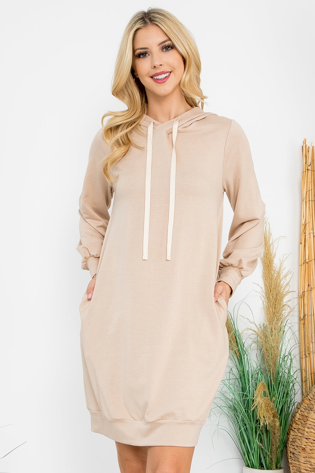 PLUS SIZE FRENCH TERRY LONG PUFF SLEEVE HOODIE DRESS 3-2-1