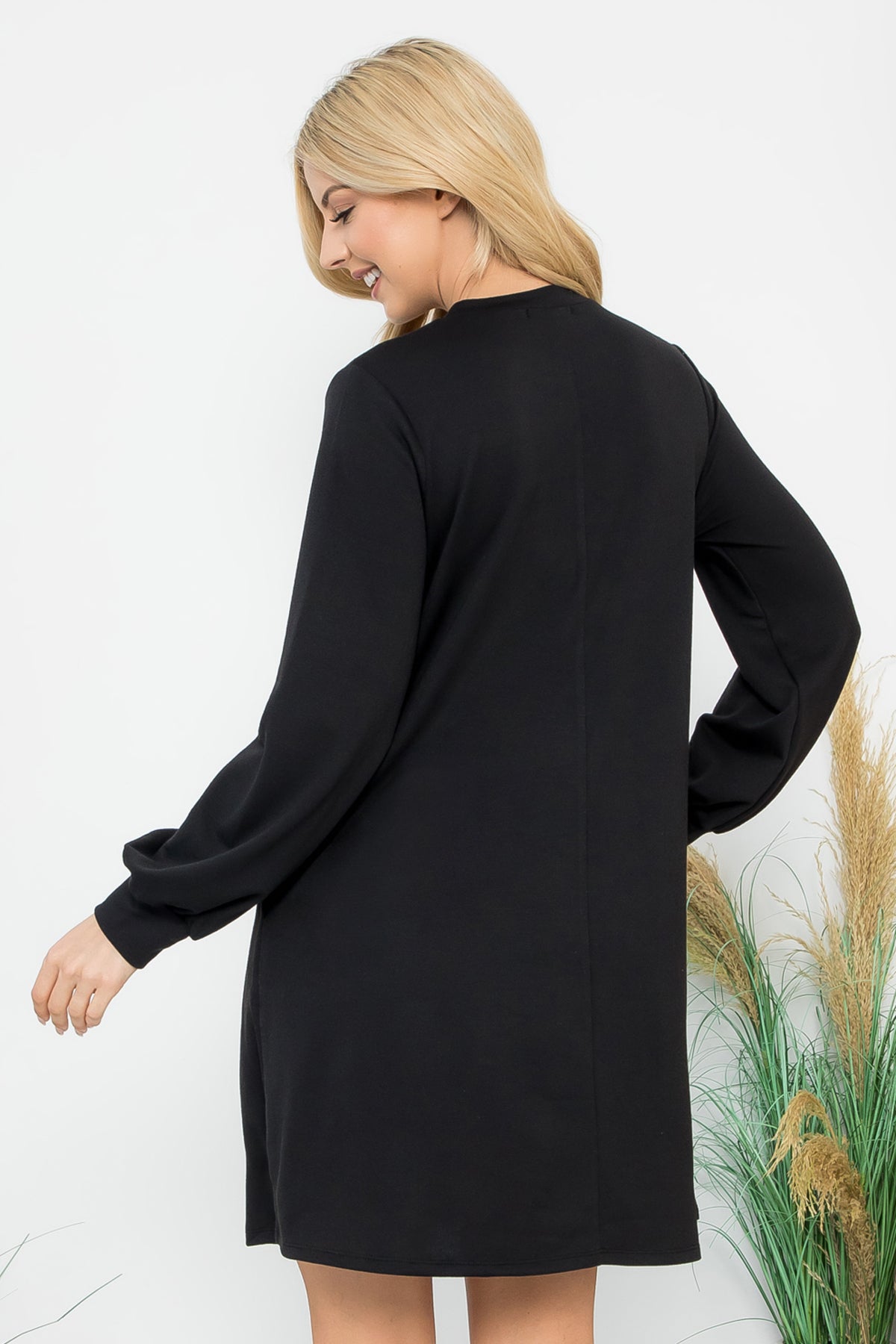 LONG PUFF SLEEVE FRENCH TERRY DRESS WITH POCKETS 1-1-1-1