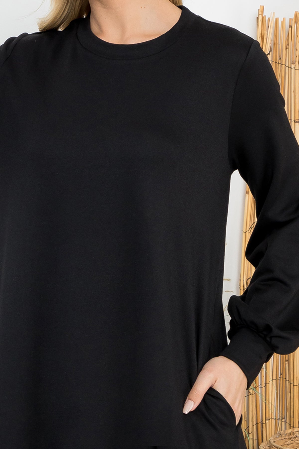 YMD10062V-LONG PUFF SLEEVE FRENCH TERRY DRESS WITH POCKETS 1-2-2-1