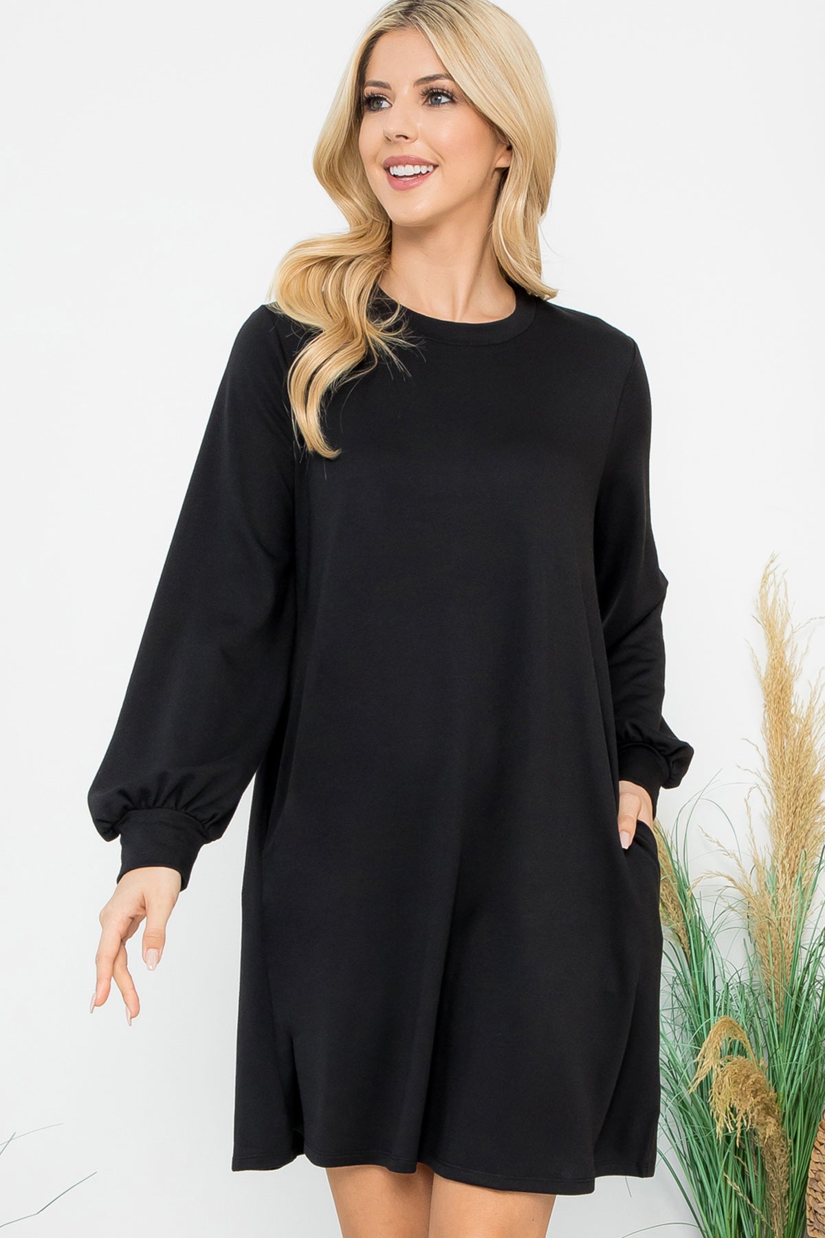 YMD10062V-LONG PUFF SLEEVE FRENCH TERRY DRESS WITH POCKETS 1-2-2-1