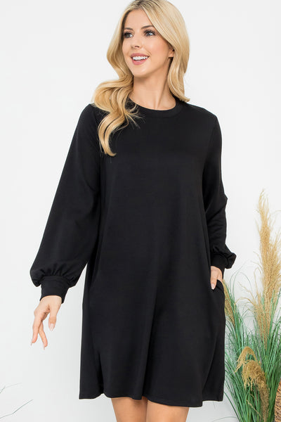 YMD10062V-LONG PUFF SLEEVE FRENCH TERRY DRESS WITH POCKETS 1-2-2-1