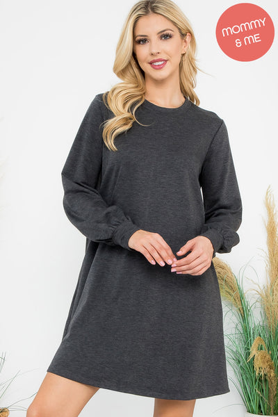 LONG PUFF SLEEVE FRENCH TERRY DRESS WITH POCKETS 1-1-1-1