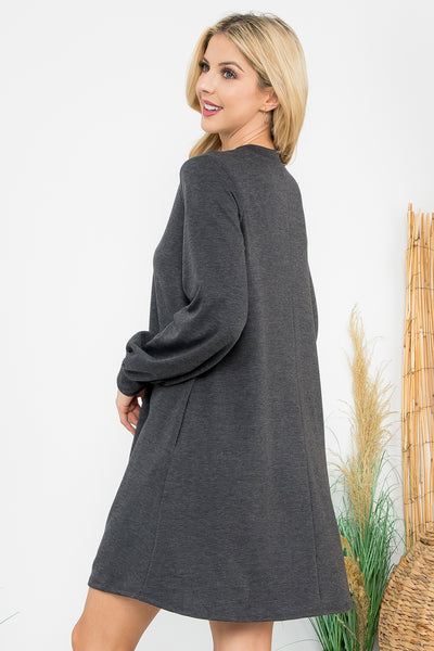 LONG PUFF SLEEVE FRENCH TERRY DRESS WITH POCKETS 1-1-1-1