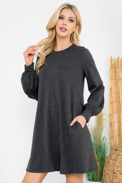 PLUS SIZE LONG PUFF SLEEVE FRENCH TERRY DRESS WITH POCKETS 3-2-1