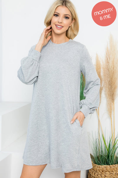 LONG PUFF SLEEVE FRENCH TERRY DRESS WITH POCKETS 1-1-1-1