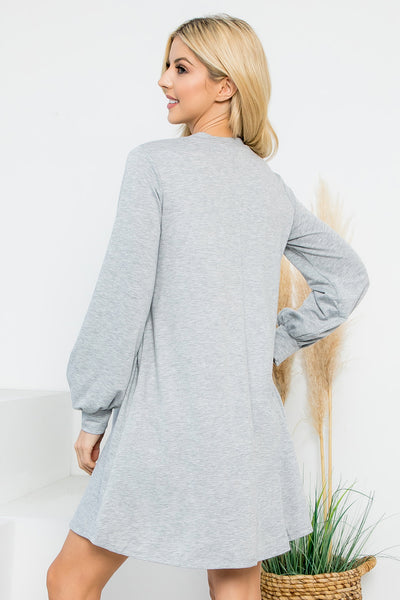 YMD10062V-LONG PUFF SLEEVE FRENCH TERRY DRESS WITH POCKETS 1-2-2-1